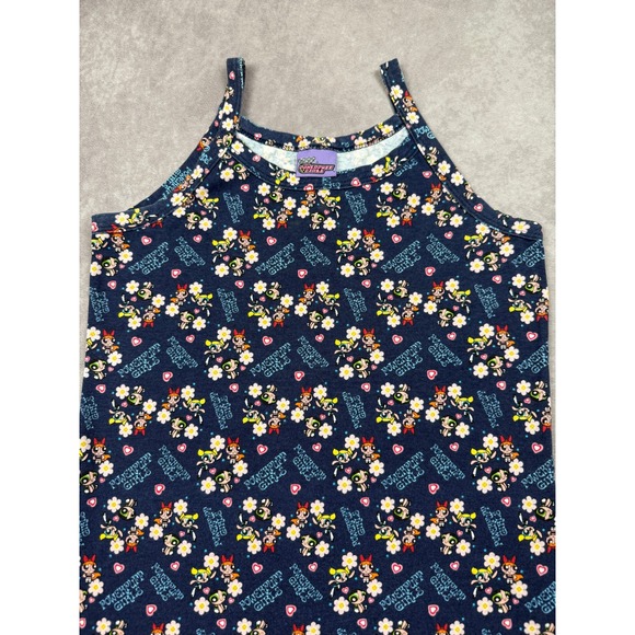 VTG Y2K The Powerpuff Girls Cartoon Network Kids L Dress Navy Blue Floral 2000s - Picture 9 of 10